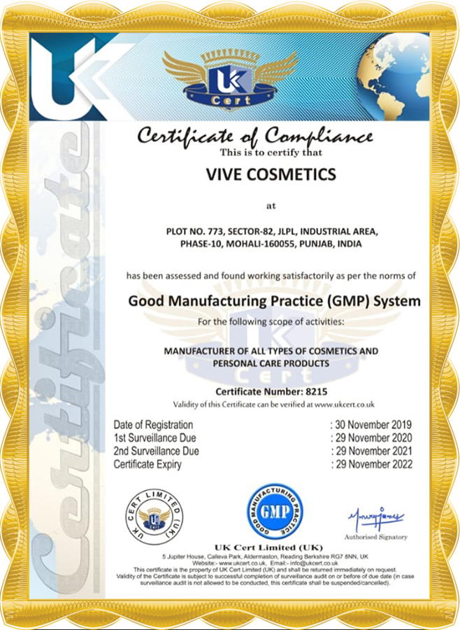 Vive Cosmetics Certificate