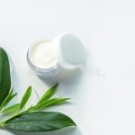 face cream jar green leaves isolated white background top view face cream jar green leaves isolated white 182483665